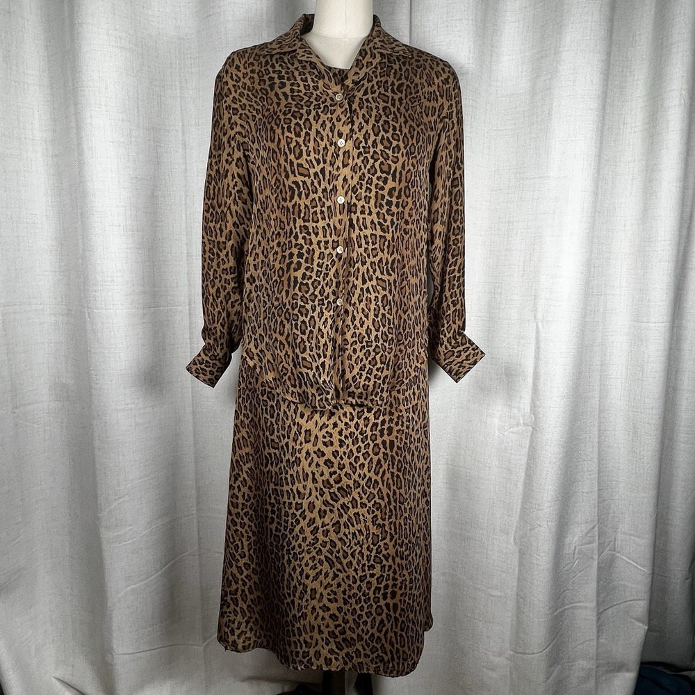 Vintage Y2K Lauren Ralph Lauren Silk Dress Shirt 2 Pc 4P Leopard Print Maxi